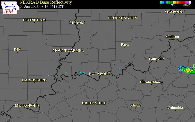 NEXRAD radar during the Saturday, June 20, 2026 storm activity in Pike County, Indiana