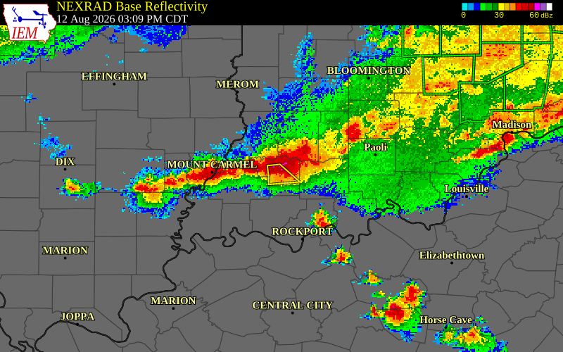 NEXRAD radar during the Wednesday, August 12, 2026 storm activity in Pike County, Indiana