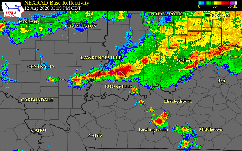 Radar snapshot during the Aug 12, 2026 tornado event near 1 NW Winslow, Pike County, Indiana, with NWS warning polygons