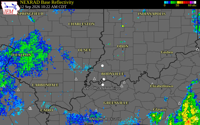 Current NEXRAD radar over Pike County, Indiana with recent storm report locations