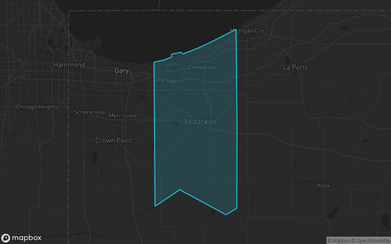 Map of Porter County, Indiana showing the county boundary and surrounding cities