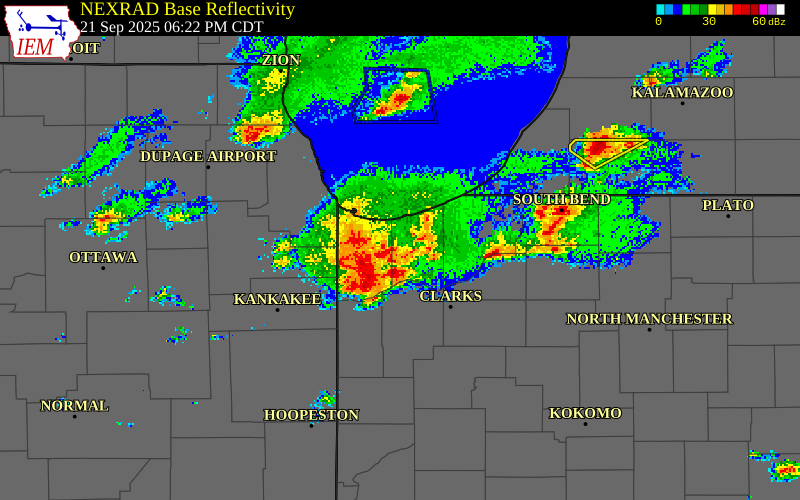 NEXRAD radar during the Sunday, September 21, 2025 storm activity in Porter County, Indiana