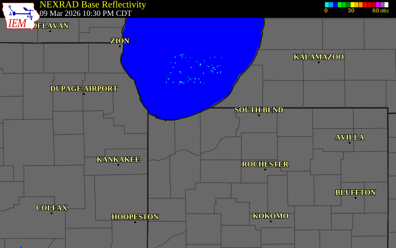 NEXRAD radar during the Monday, March 9, 2026 storm activity in Porter County, Indiana