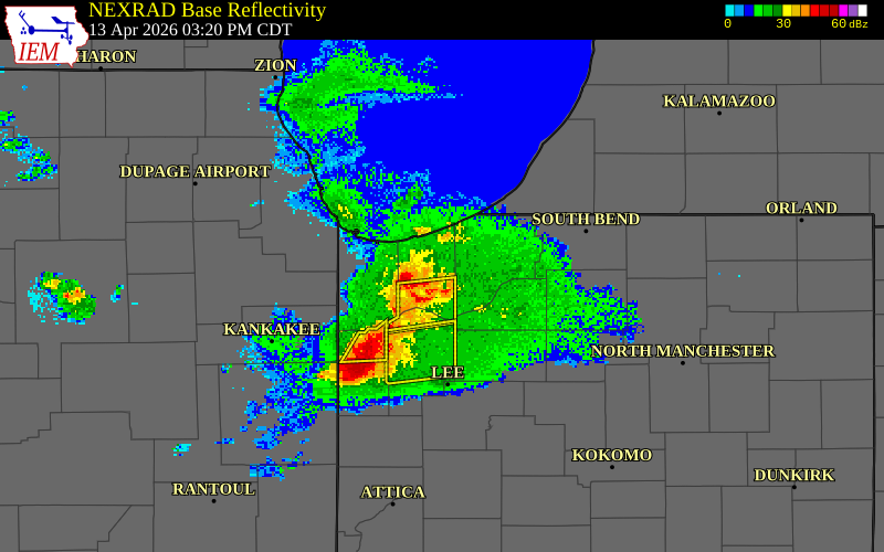 NEXRAD radar during the Monday, April 13, 2026 storm activity in Porter County, Indiana