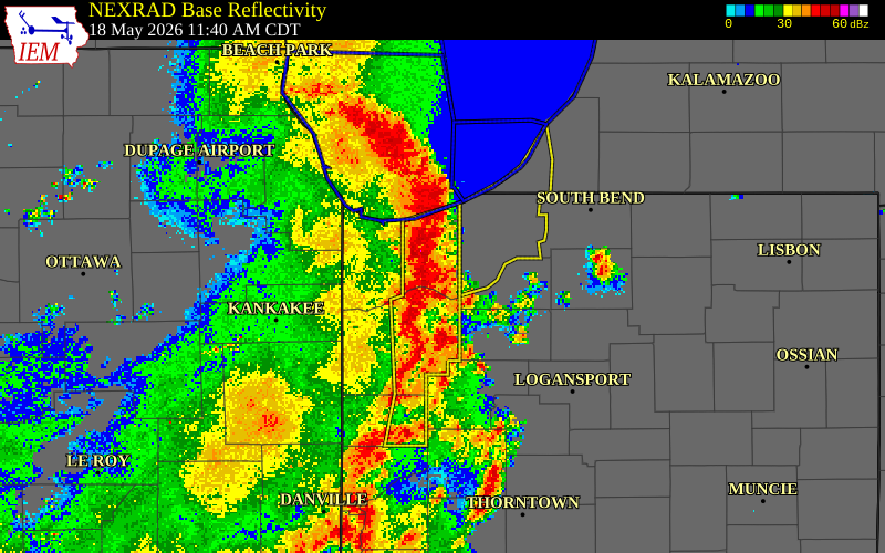 NEXRAD radar during the Monday, May 18, 2026 storm activity in Porter County, Indiana