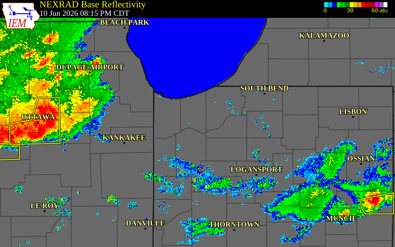 NEXRAD radar during the Wednesday, June 10, 2026 storm activity in Porter County, Indiana