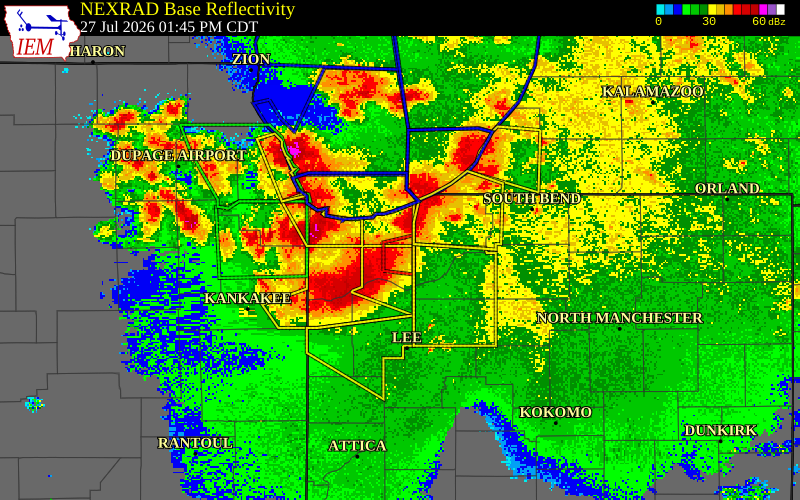 NEXRAD radar during the Monday, July 27, 2026 storm activity in Porter County, Indiana