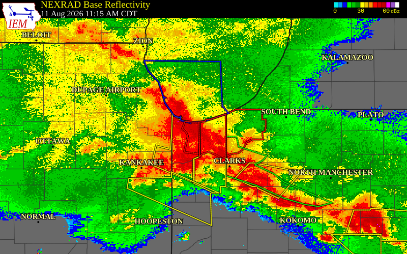 NEXRAD radar during the Tuesday, August 11, 2026 storm activity in Porter County, Indiana