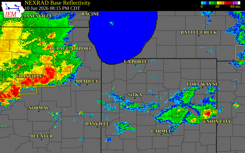 Radar snapshot during the Jun 10, 2026 tornado event near 1 N Kouts, Porter County, Indiana, with NWS warning polygons
