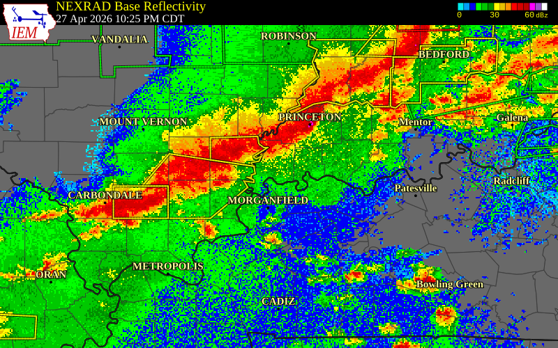 NEXRAD radar during the Monday, April 27, 2026 storm activity in Posey County, Indiana