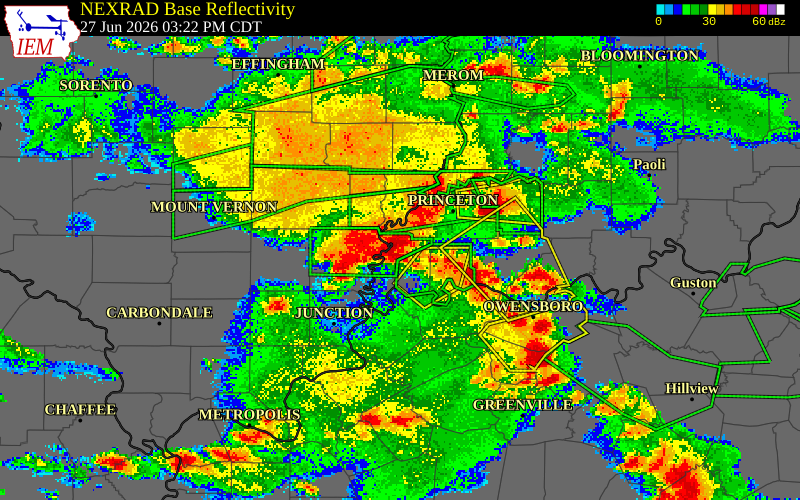 NEXRAD radar during the Saturday, June 27, 2026 storm activity in Posey County, Indiana