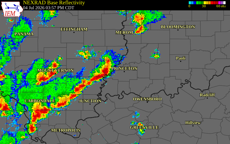NEXRAD radar during the Saturday, July 4, 2026 storm activity in Posey County, Indiana