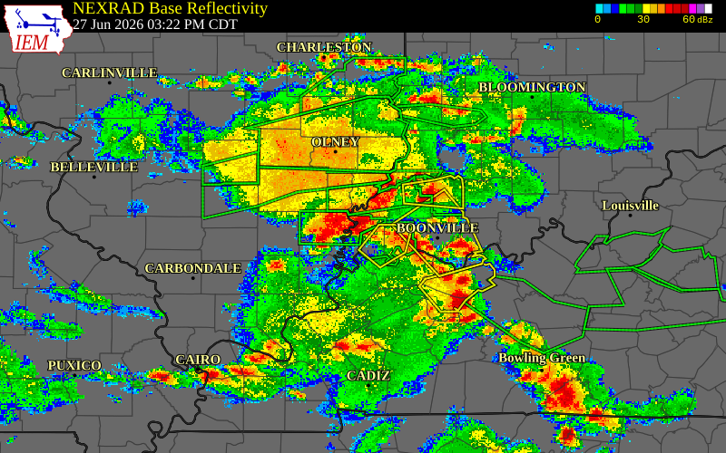 Radar snapshot during the Jun 27, 2026 tornado event near 3 E New Harmony, Posey County, Indiana, with NWS warning polygons
