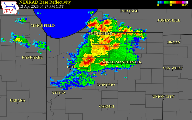 NEXRAD radar during the Monday, April 13, 2026 storm activity in Pulaski County, Indiana