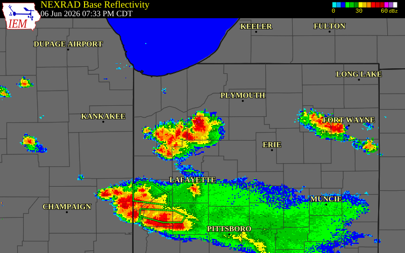 NEXRAD radar during the Saturday, June 6, 2026 storm activity in Pulaski County, Indiana