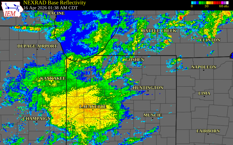 Radar snapshot during the Apr 16, 2026 wind event near Pulaski County, Pulaski County, Indiana, with NWS warning polygons