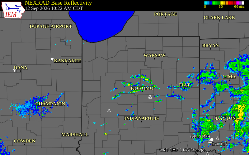 Current NEXRAD radar over Pulaski County, Indiana with recent storm report locations