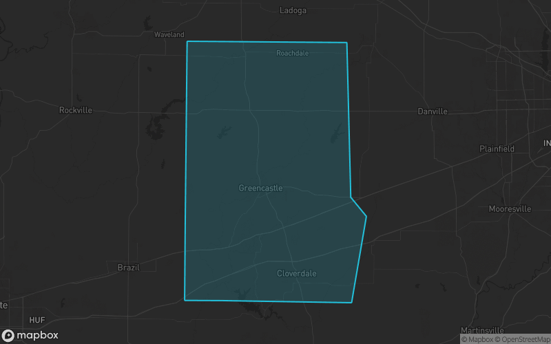 Map of Putnam County, Indiana showing the county boundary and surrounding cities