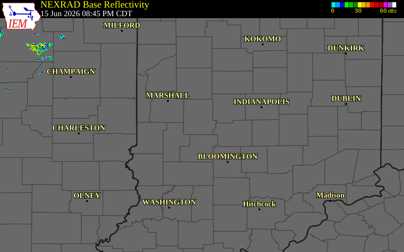 NEXRAD radar during the Monday, June 15, 2026 storm activity in Putnam County, Indiana