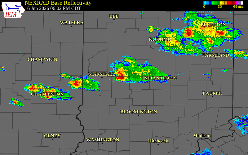 NEXRAD radar during the Tuesday, June 16, 2026 storm activity in Putnam County, Indiana