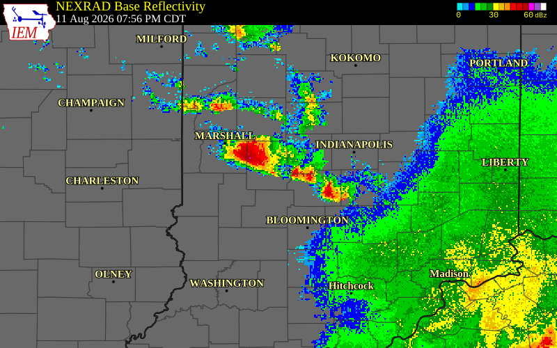 NEXRAD radar during the Tuesday, August 11, 2026 storm activity in Putnam County, Indiana