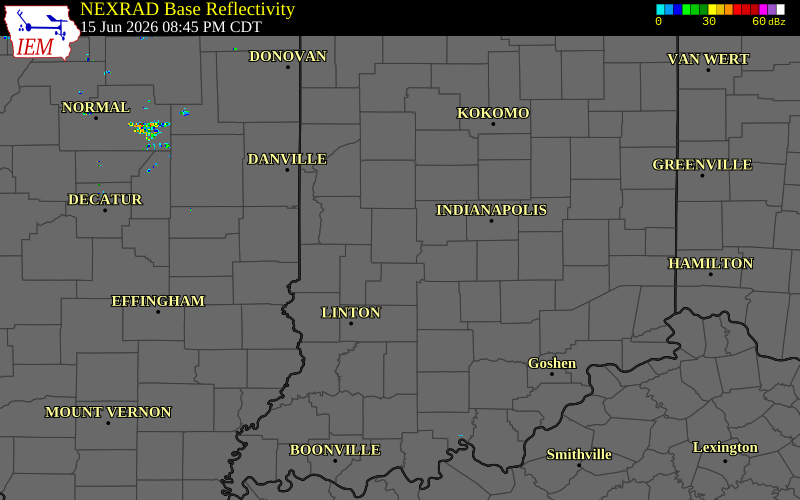 Radar snapshot during the Jun 15, 2026 tornado event near 3 E Putnamville, Putnam County, Indiana, with NWS warning polygons