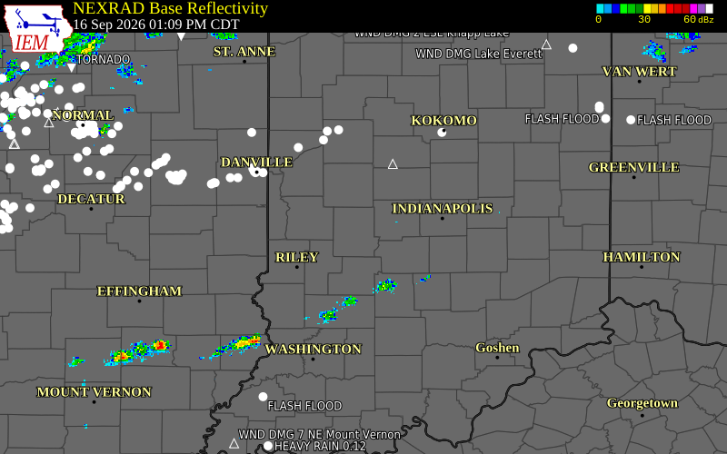 Current NEXRAD radar over Putnam County, Indiana with recent storm report locations