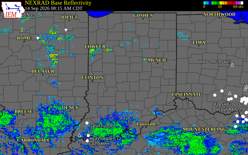 Current NEXRAD radar across Indiana with recent storm report locations