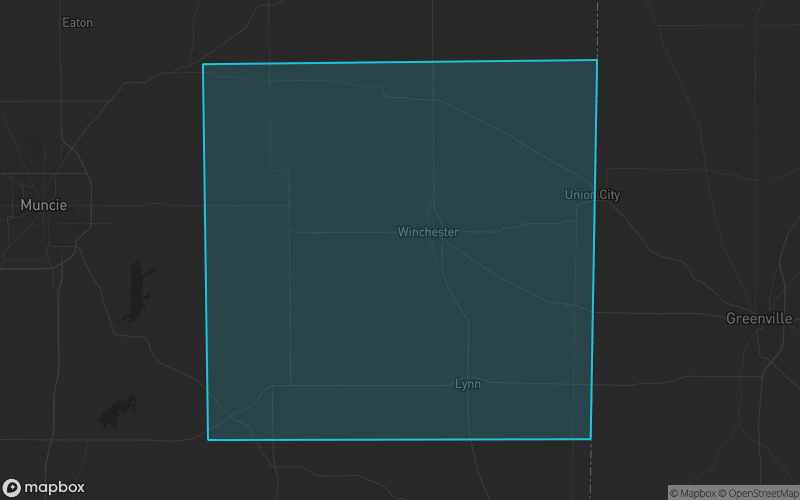 Map of Randolph County, Indiana showing the county boundary and surrounding cities