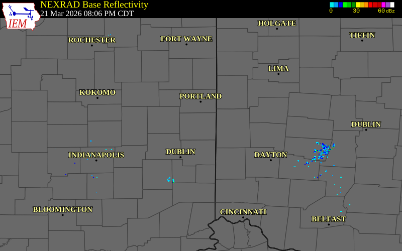 NEXRAD radar during the Saturday, March 21, 2026 storm activity in Randolph County, Indiana