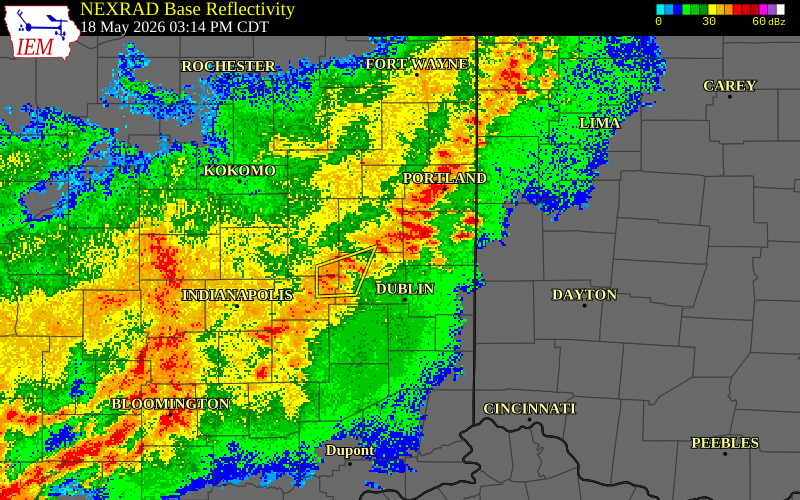NEXRAD radar during the Monday, May 18, 2026 storm activity in Randolph County, Indiana