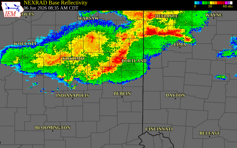 NEXRAD radar during the Saturday, June 6, 2026 storm activity in Randolph County, Indiana