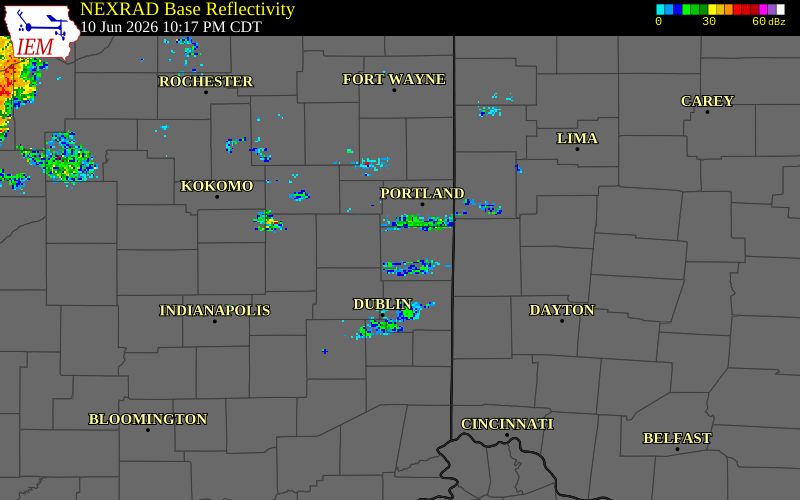 NEXRAD radar during the Wednesday, June 10, 2026 storm activity in Randolph County, Indiana