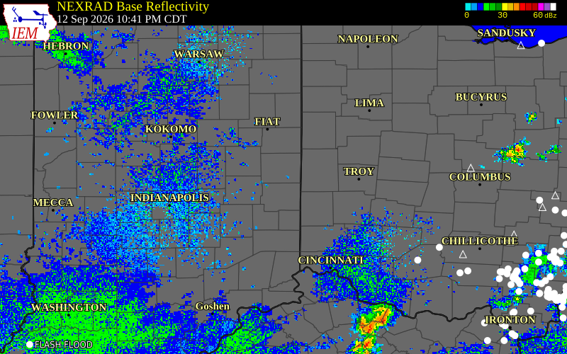 Current NEXRAD radar over Randolph County, Indiana with recent storm report locations