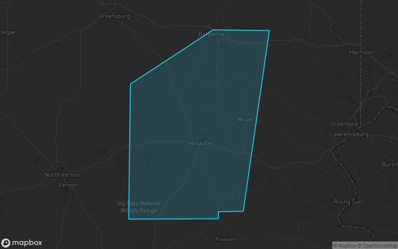 Map of Ripley County, Indiana showing the county boundary and surrounding cities
