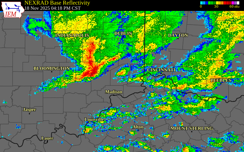 NEXRAD radar during the Tuesday, November 18, 2025 storm activity in Ripley County, Indiana