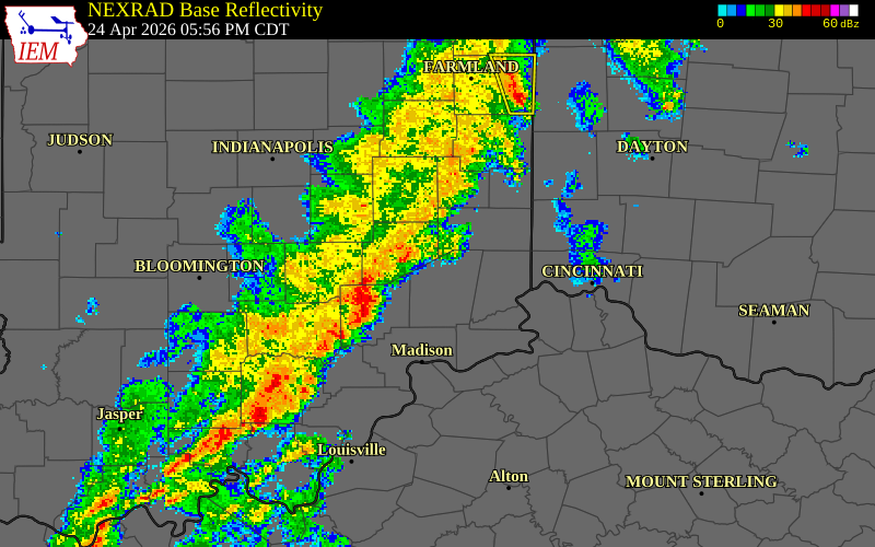 NEXRAD radar during the Friday, April 24, 2026 storm activity in Ripley County, Indiana
