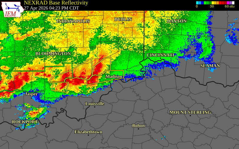 NEXRAD radar during the Monday, April 27, 2026 storm activity in Ripley County, Indiana