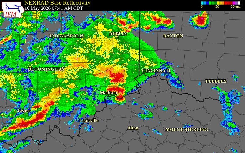 NEXRAD radar during the Saturday, May 16, 2026 storm activity in Ripley County, Indiana