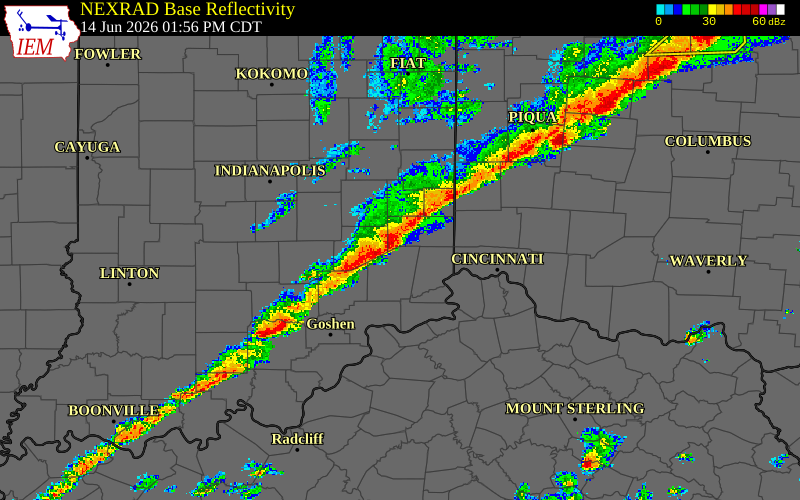 Radar snapshot during the Jun 14, 2026 wind event near Ripley County, Ripley County, Indiana, with NWS warning polygons