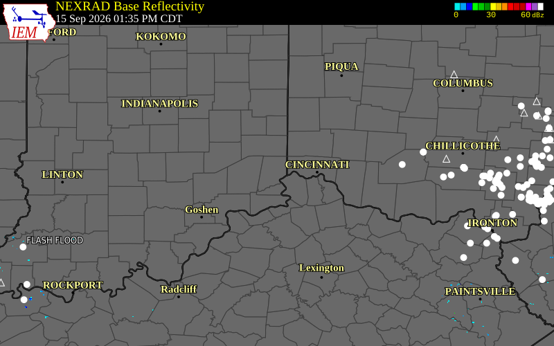 Current NEXRAD radar over Ripley County, Indiana with recent storm report locations