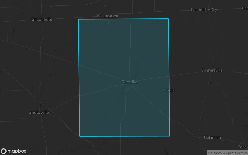 Map of Rush County, Indiana showing the county boundary and surrounding cities
