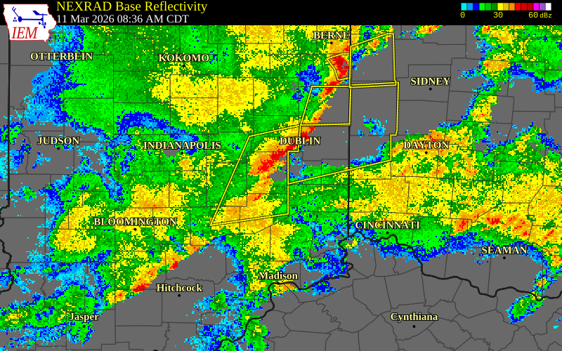 NEXRAD radar during the Wednesday, March 11, 2026 storm activity in Rush County, Indiana