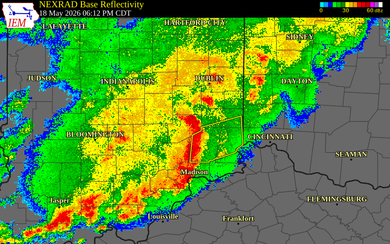 NEXRAD radar during the Monday, May 18, 2026 storm activity in Rush County, Indiana