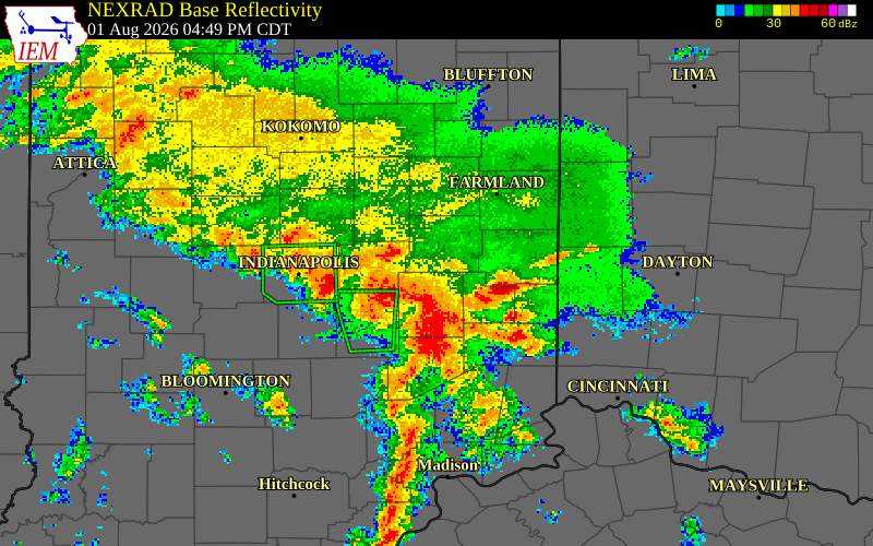 NEXRAD radar during the Saturday, August 1, 2026 storm activity in Rush County, Indiana