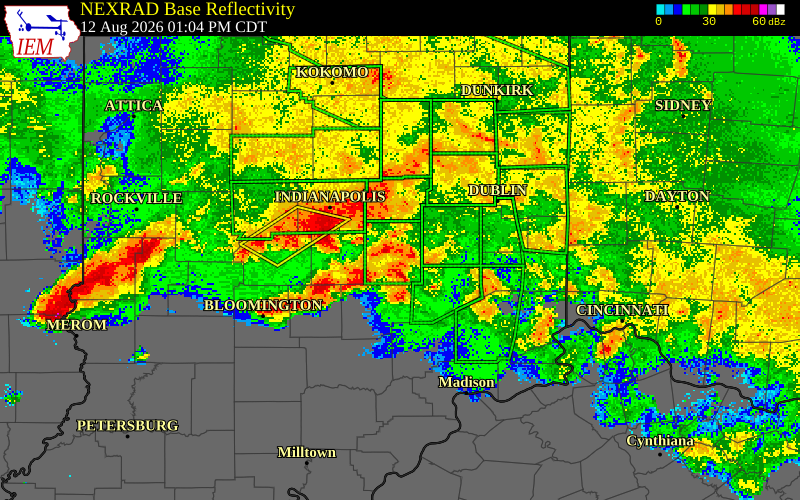 NEXRAD radar during the Wednesday, August 12, 2026 storm activity in Rush County, Indiana