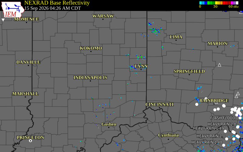 Current NEXRAD radar over Rush County, Indiana with recent storm report locations