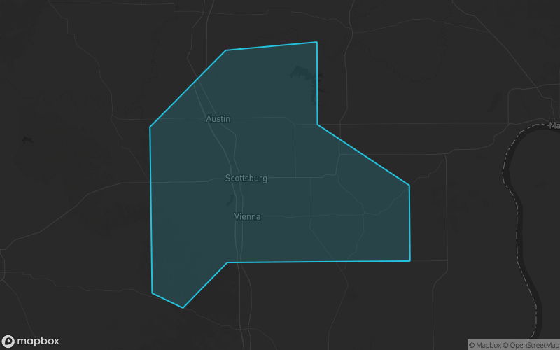 Map of Scott County, Indiana showing the county boundary and surrounding cities