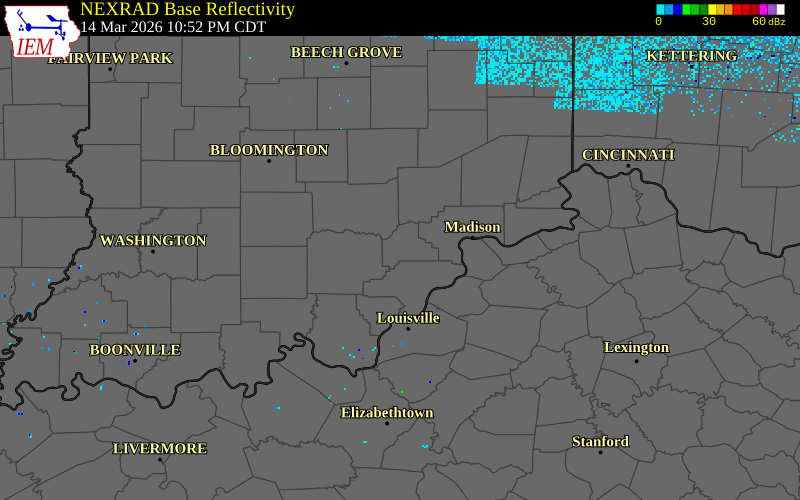 NEXRAD radar during the Saturday, March 14, 2026 storm activity in Scott County, Indiana