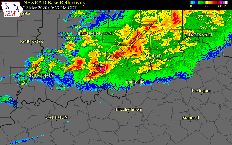 NEXRAD radar during the Sunday, March 22, 2026 storm activity in Scott County, Indiana